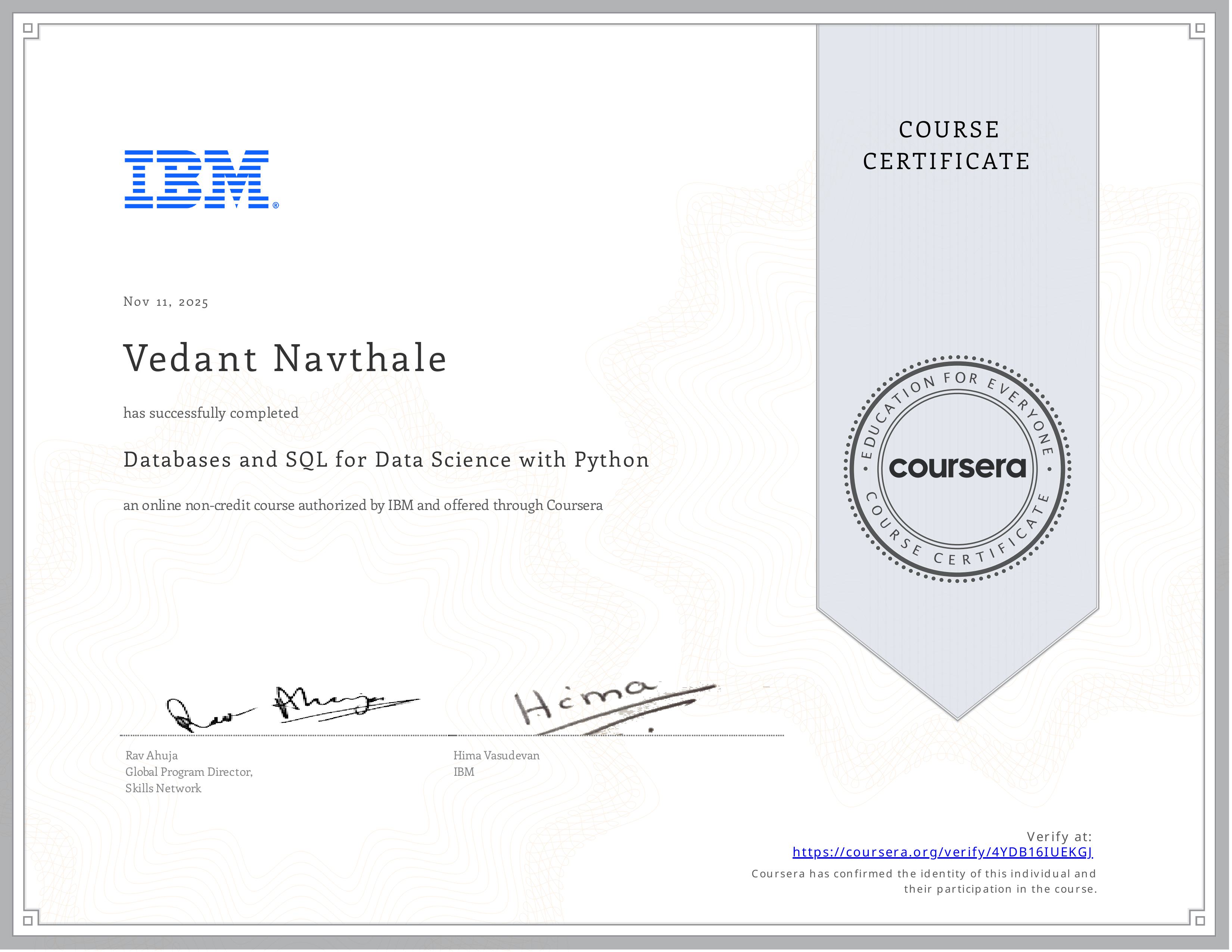 Databases & SQL for Data Science certificate