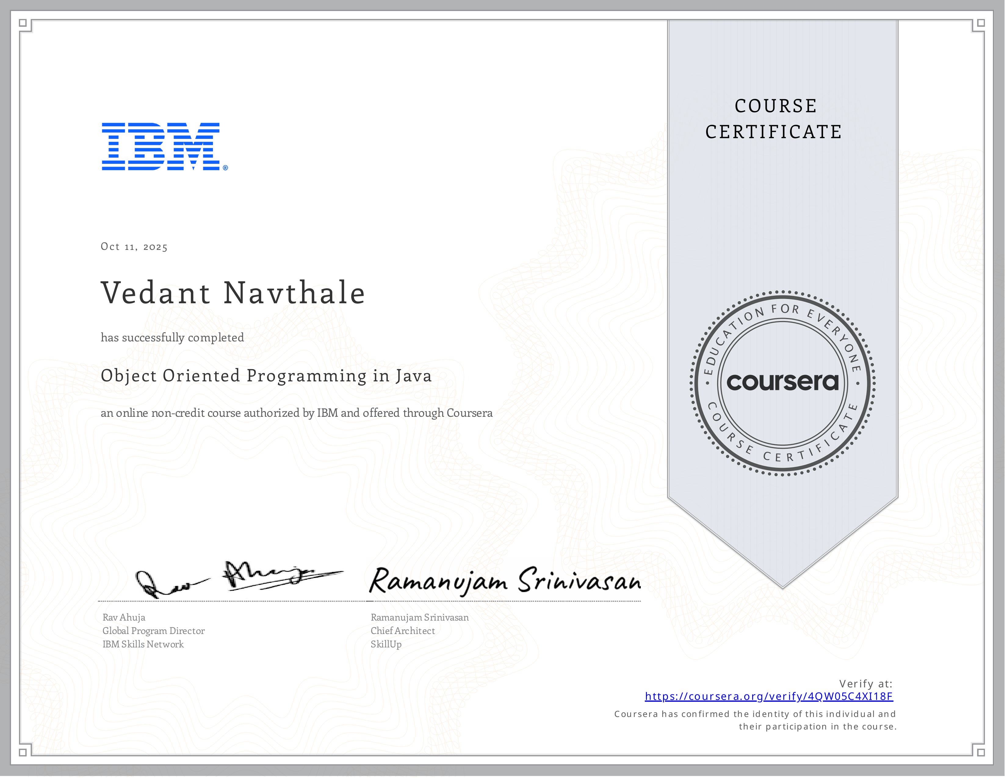 Object-Oriented Programming in Java certificate